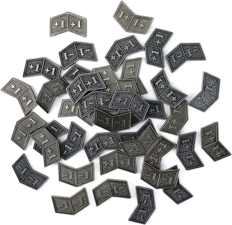 FIGURESLAB Store 48Pcs MTG Antique Metal Buff Counter Tokens & MTG Keyword/Counters Dice Set, Magic Creature Stats or Loyalty Counter for TCG Card Gaming Accessories with Velvet Bag & Box - Image 3